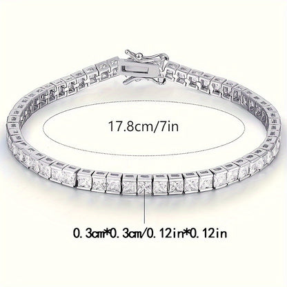 Elegant and simple, this 925 sterling silver Moissanite square tennis bracelet is perfect for everyday wear or as a thoughtful gift. Ideal for Valentine's Day or any season, this accessory adds a touch of sophistication to any outfit.