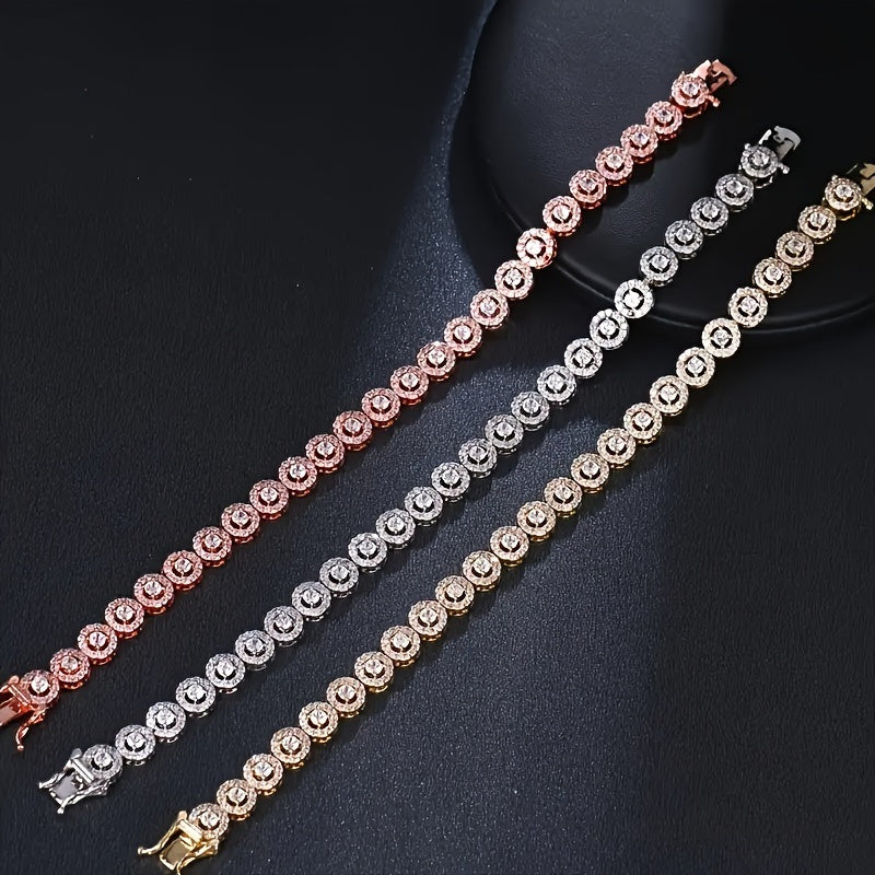 A timeless and sophisticated silver tennis bracelet featuring Moissanite gemstones, exuding a sultry charm and versatile appeal for year-round wear. This stunning piece is perfect for daily adornment or as a thoughtful gift, made with silver plating and