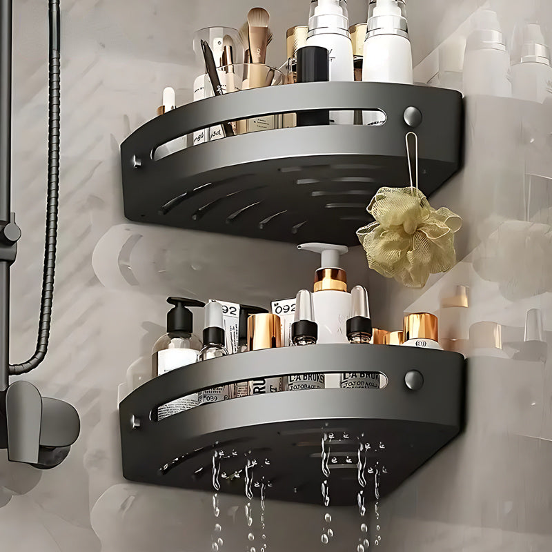 Wall-mounted bathroom shelf for shampoo and kitchen accessories.