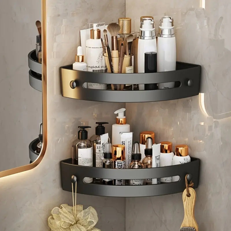 Wall-mounted bathroom shelf for shampoo and kitchen accessories.