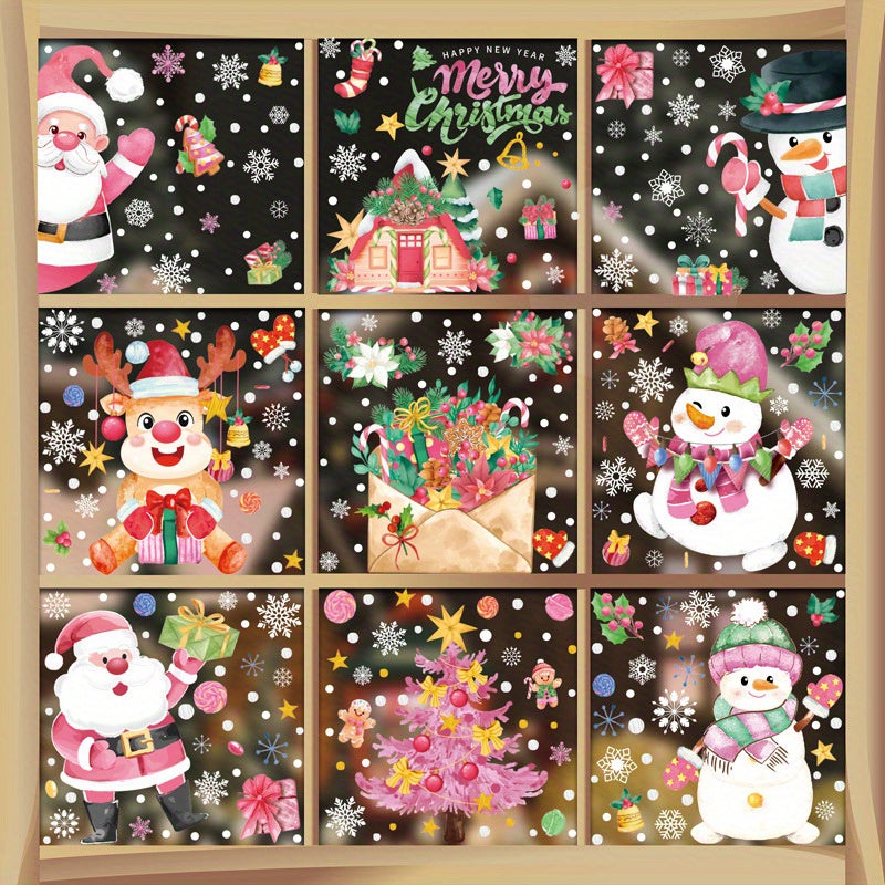 Static stickers for windows featuring watercolor images of Santa Claus, a snowman, a wreath, a Christmas tree, and an elk.