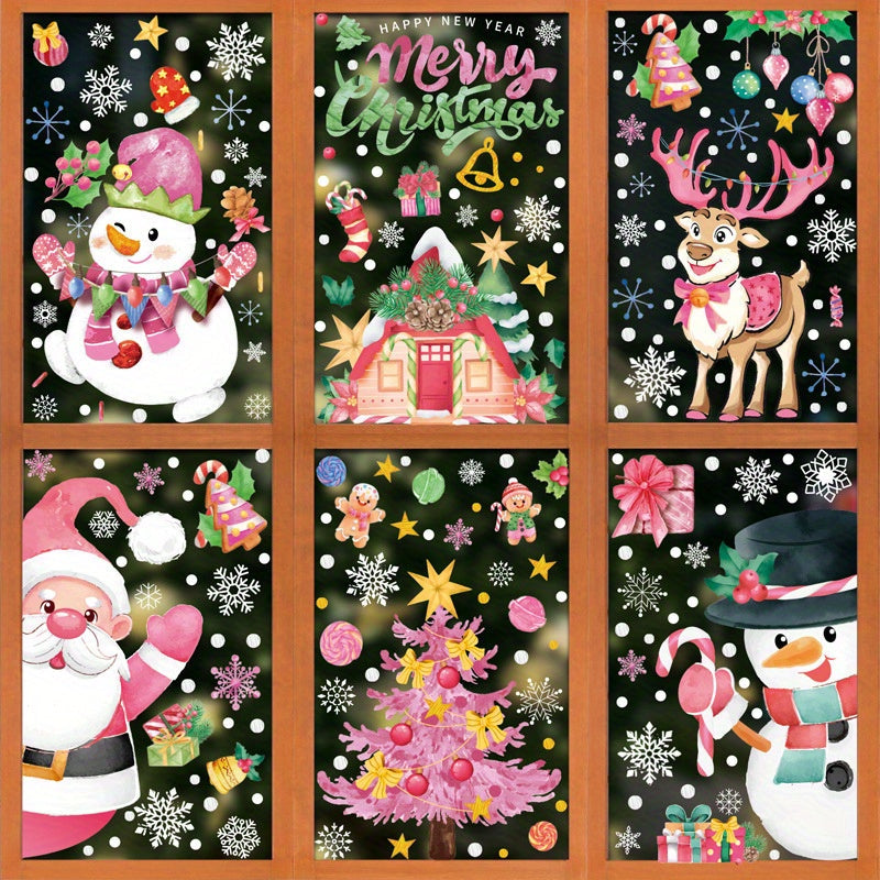 Static stickers for windows featuring watercolor images of Santa Claus, a snowman, a wreath, a Christmas tree, and an elk.