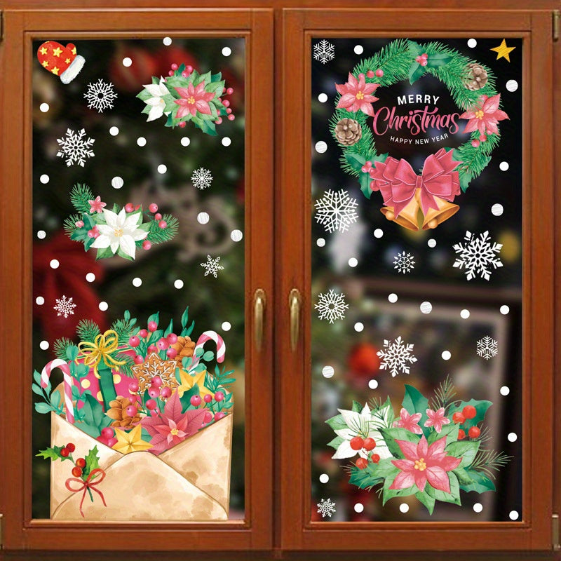 Static stickers for windows featuring watercolor images of Santa Claus, a snowman, a wreath, a Christmas tree, and an elk.