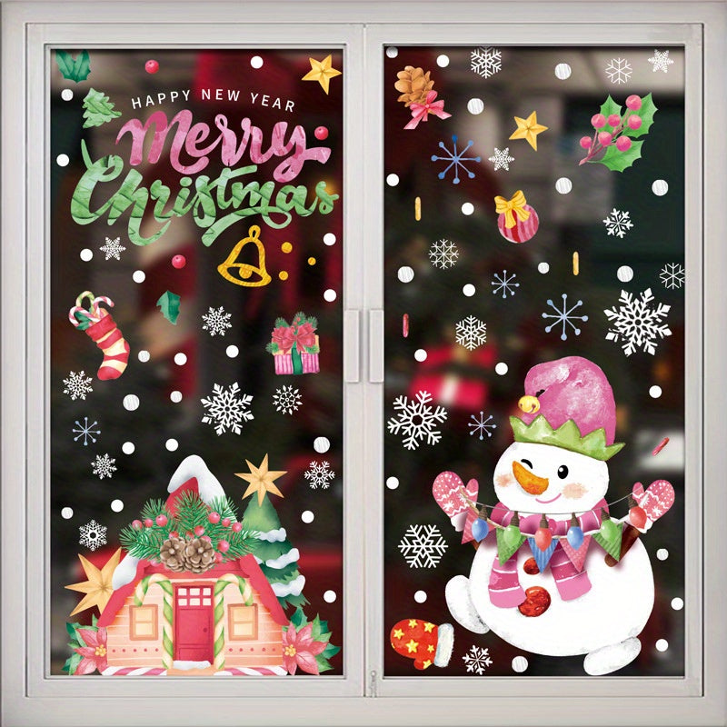 Static stickers for windows featuring watercolor images of Santa Claus, a snowman, a wreath, a Christmas tree, and an elk.