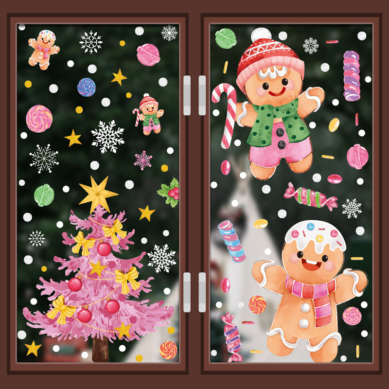 Static stickers for windows featuring watercolor images of Santa Claus, a snowman, a wreath, a Christmas tree, and an elk.