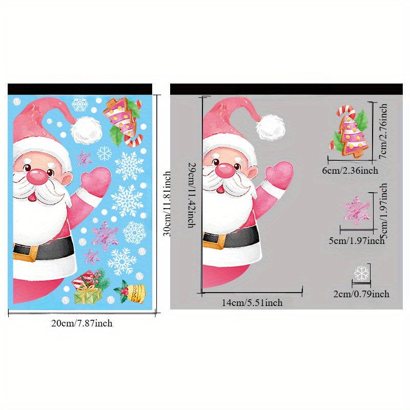 Static stickers for windows featuring watercolor images of Santa Claus, a snowman, a wreath, a Christmas tree, and an elk.