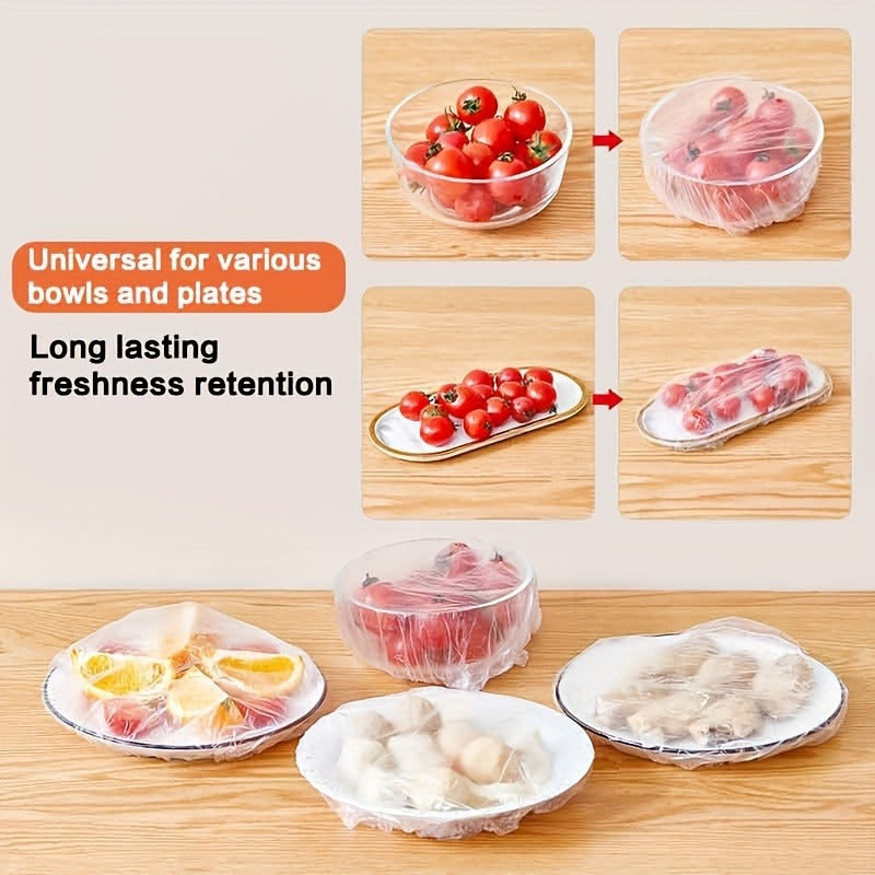 100 disposable food-grade plastic wrap covers for bowls and plates, providing insect-proof and dustproof freshness preservation for restaurant supplies.