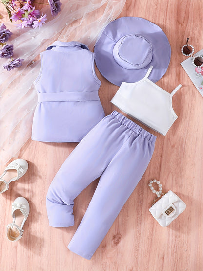 4-piece girls suit: sleeveless vest, trousers, camisole with hat set for daily, casual, and party wear.