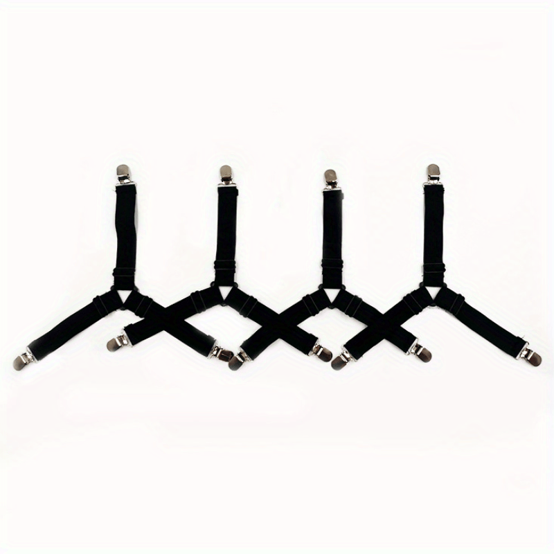 Set of 4 Adjustable Non-Slip Quilt Holders with Elastic Triangle Straps and Metal Clips, for Securely Holding Sofa & Cushions in Place. Easy to Install, Home Kitchen Bedding Accessories made from Non-Woven Fabric in Black color. Requires Hand Washing.