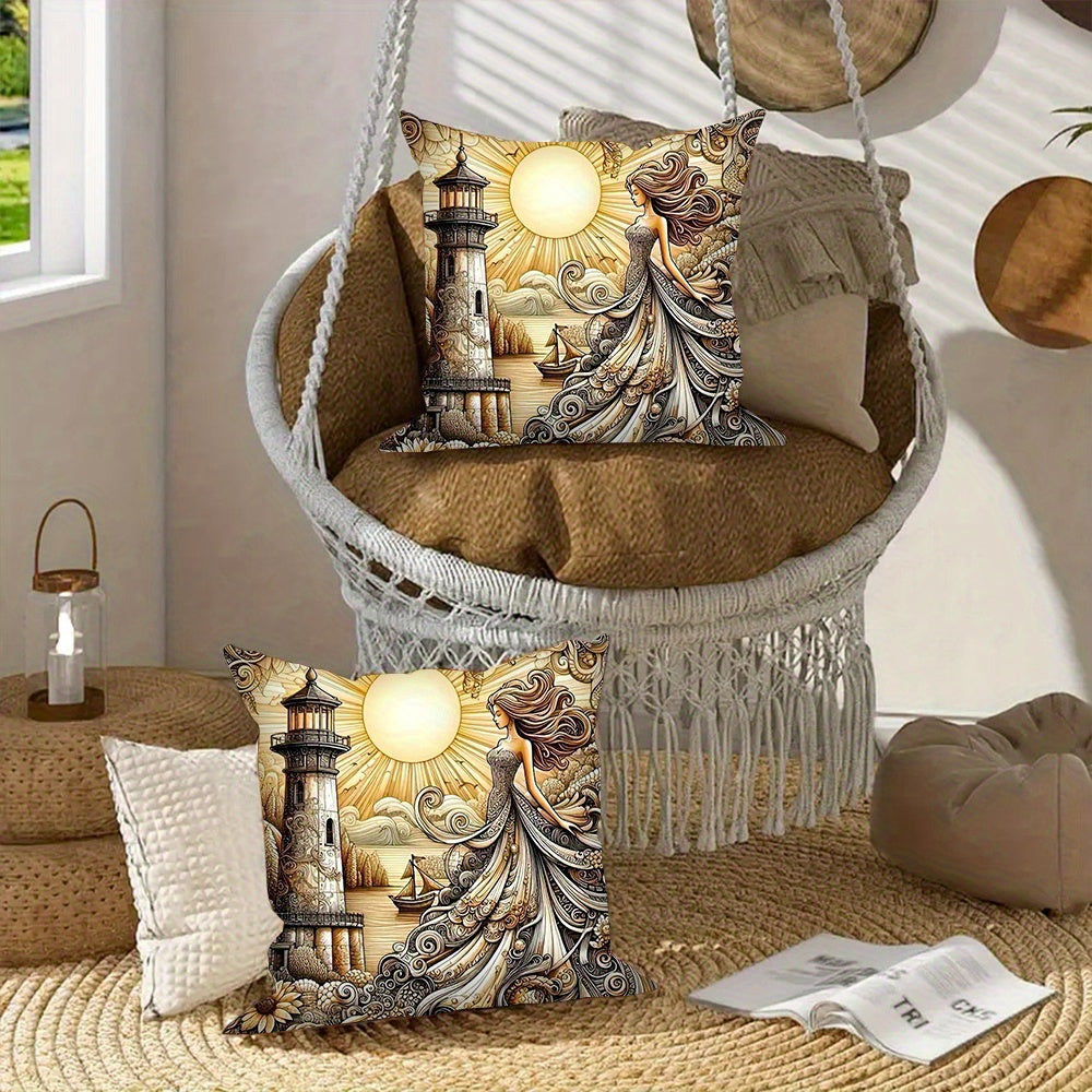 Set of 2 Goddess of Lighthouse Throw Pillow Covers - Cozy, Stylish Square Cushion Cases for Living Room & Bedroom Decor, Easy to Clean, 45.72x45.72 cm