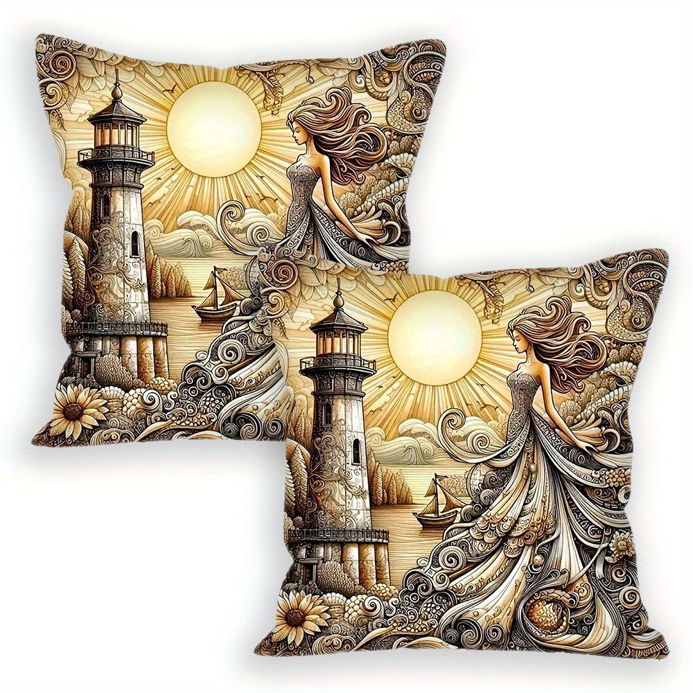 Set of 2 Goddess of Lighthouse Throw Pillow Covers - Cozy, Stylish Square Cushion Cases for Living Room & Bedroom Decor, Easy to Clean, 45.72x45.72 cm