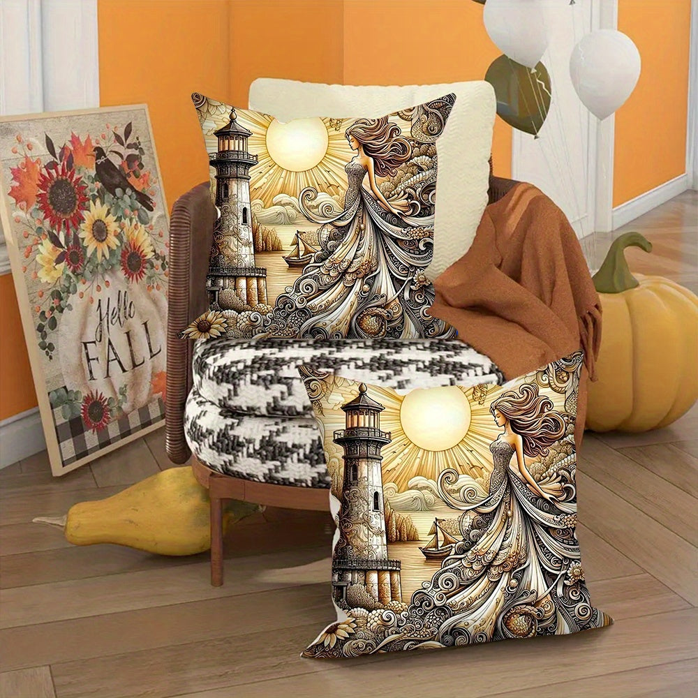 Set of 2 Goddess of Lighthouse Throw Pillow Covers - Cozy, Stylish Square Cushion Cases for Living Room & Bedroom Decor, Easy to Clean, 45.72x45.72 cm