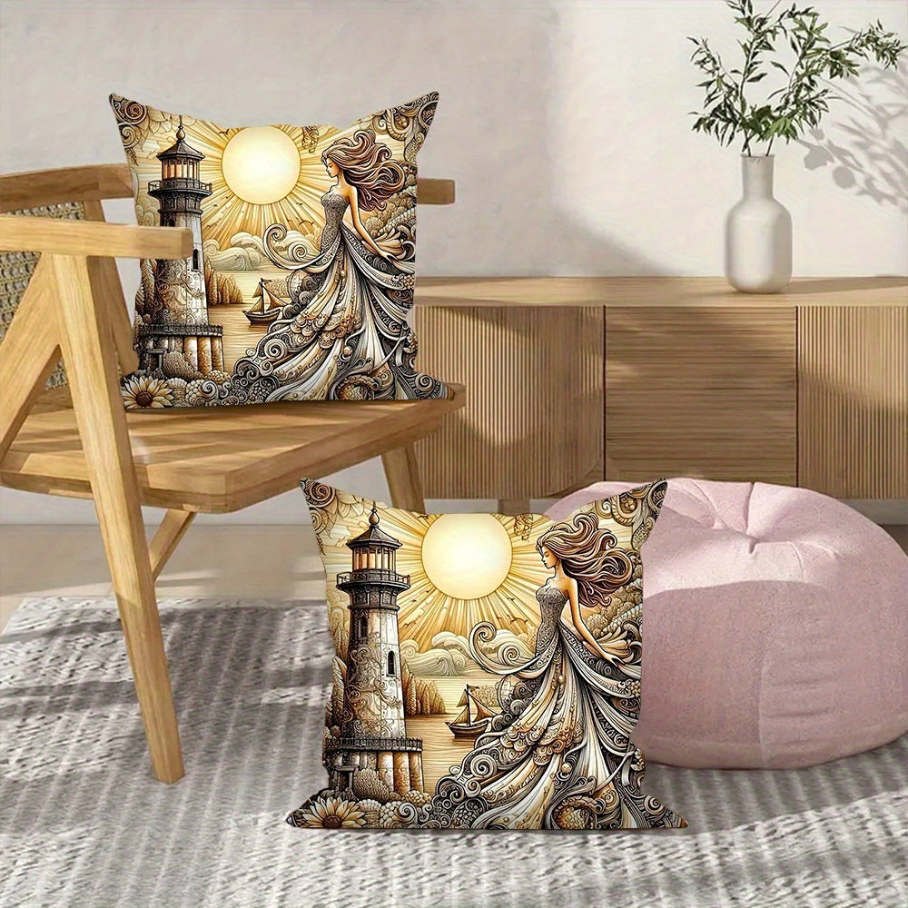 Set of 2 Goddess of Lighthouse Throw Pillow Covers - Cozy, Stylish Square Cushion Cases for Living Room & Bedroom Decor, Easy to Clean, 45.72x45.72 cm