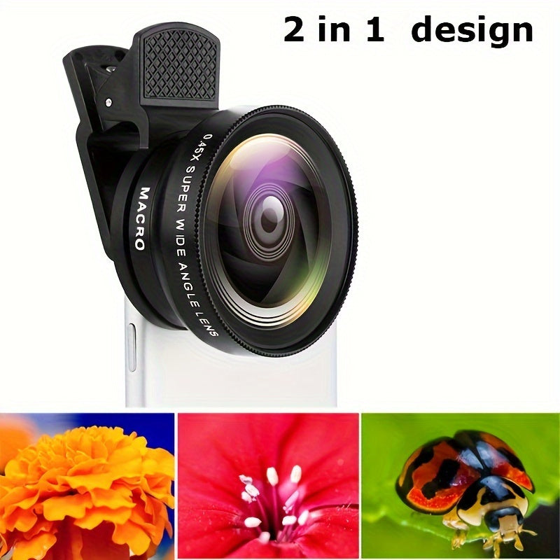 Ultra-wide angle and macro lens with optical zoom for smartphones, SLR, and external cameras, includes smartphone clip and portable PVC kit.