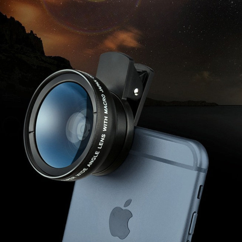 Ultra-wide angle and macro lens with optical zoom for smartphones, SLR, and external cameras, includes smartphone clip and portable PVC kit.