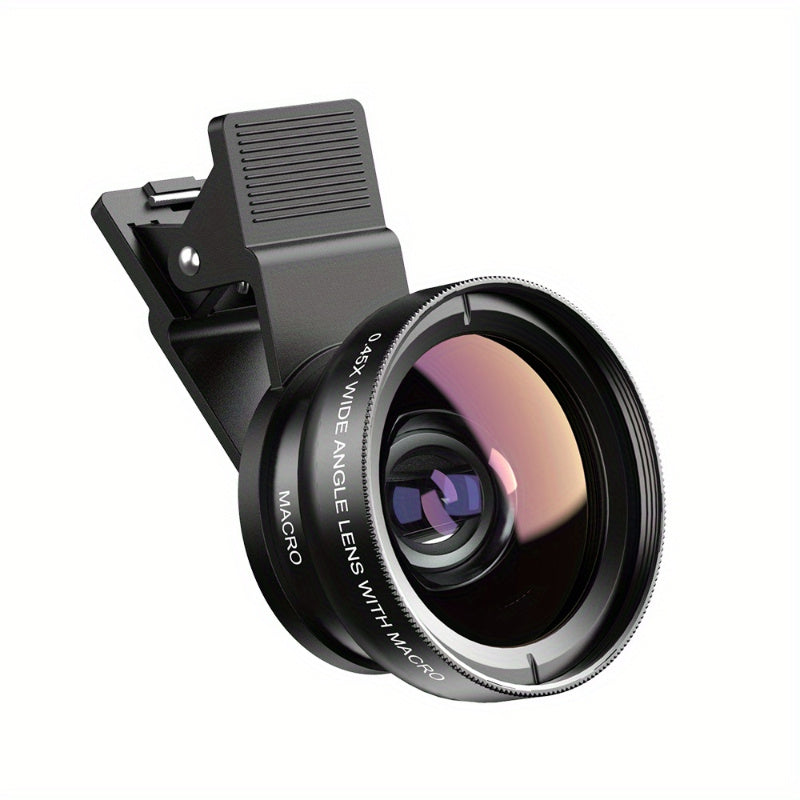 Ultra-wide angle and macro lens with optical zoom for smartphones, SLR, and external cameras, includes smartphone clip and portable PVC kit.