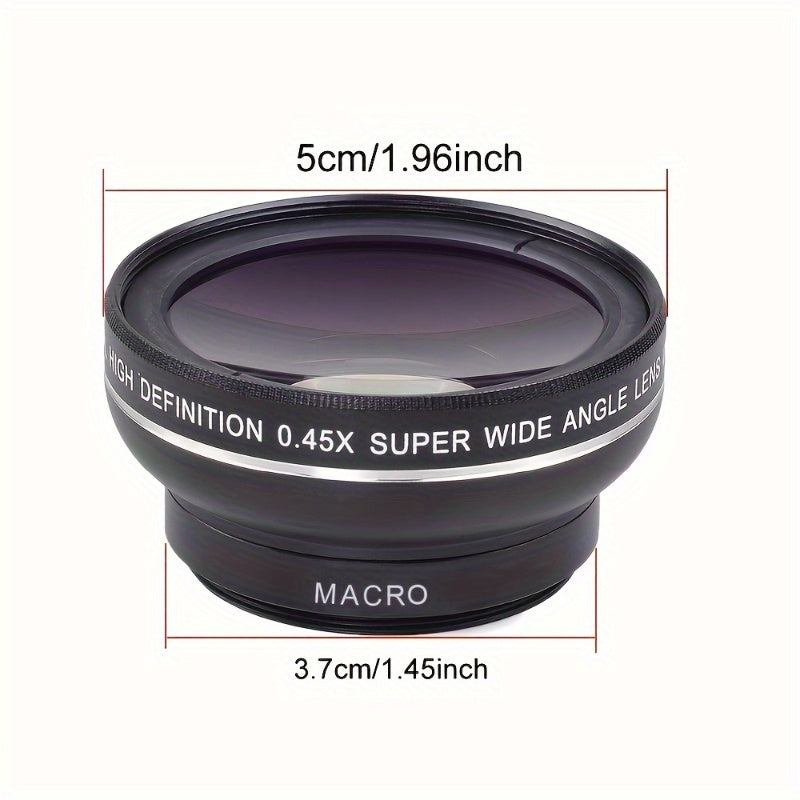 Ultra-wide angle and macro lens with optical zoom for smartphones, SLR, and external cameras, includes smartphone clip and portable PVC kit.