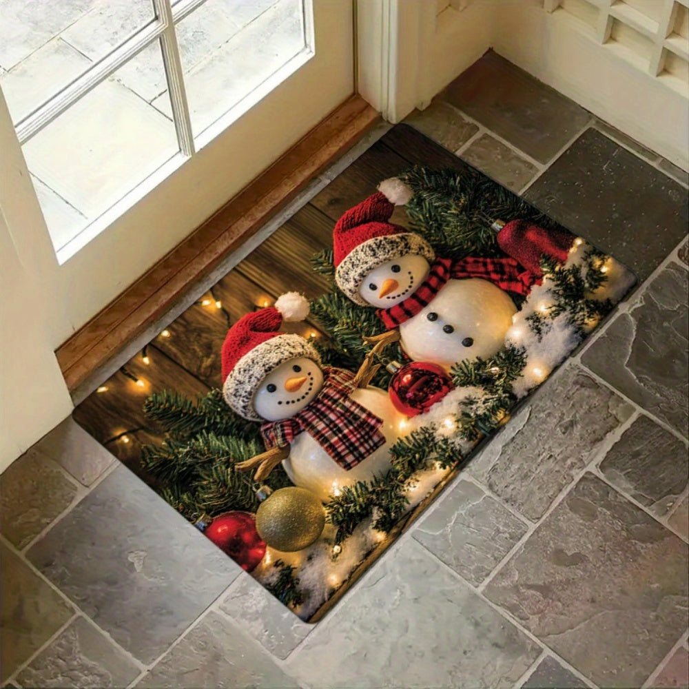 Get into the holiday spirit with the 1pc Christmas Snowman Door Mat. This rectangular polyester welcome rug is perfect for adding festive holiday decor to any room in your home - from the living room to the kitchen, bedroom, bathroom, or laundry. Machine