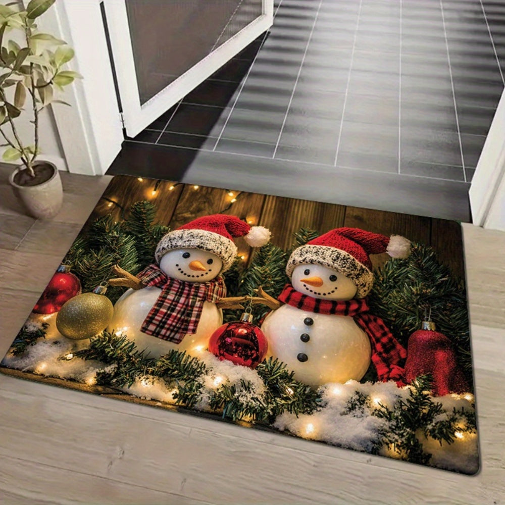 Get into the holiday spirit with the 1pc Christmas Snowman Door Mat. This rectangular polyester welcome rug is perfect for adding festive holiday decor to any room in your home - from the living room to the kitchen, bedroom, bathroom, or laundry. Machine