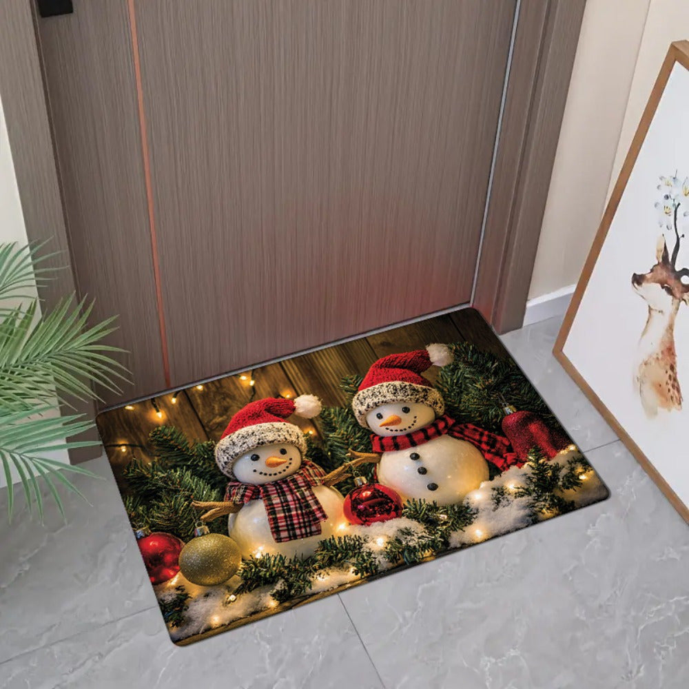 Get into the holiday spirit with the 1pc Christmas Snowman Door Mat. This rectangular polyester welcome rug is perfect for adding festive holiday decor to any room in your home - from the living room to the kitchen, bedroom, bathroom, or laundry. Machine