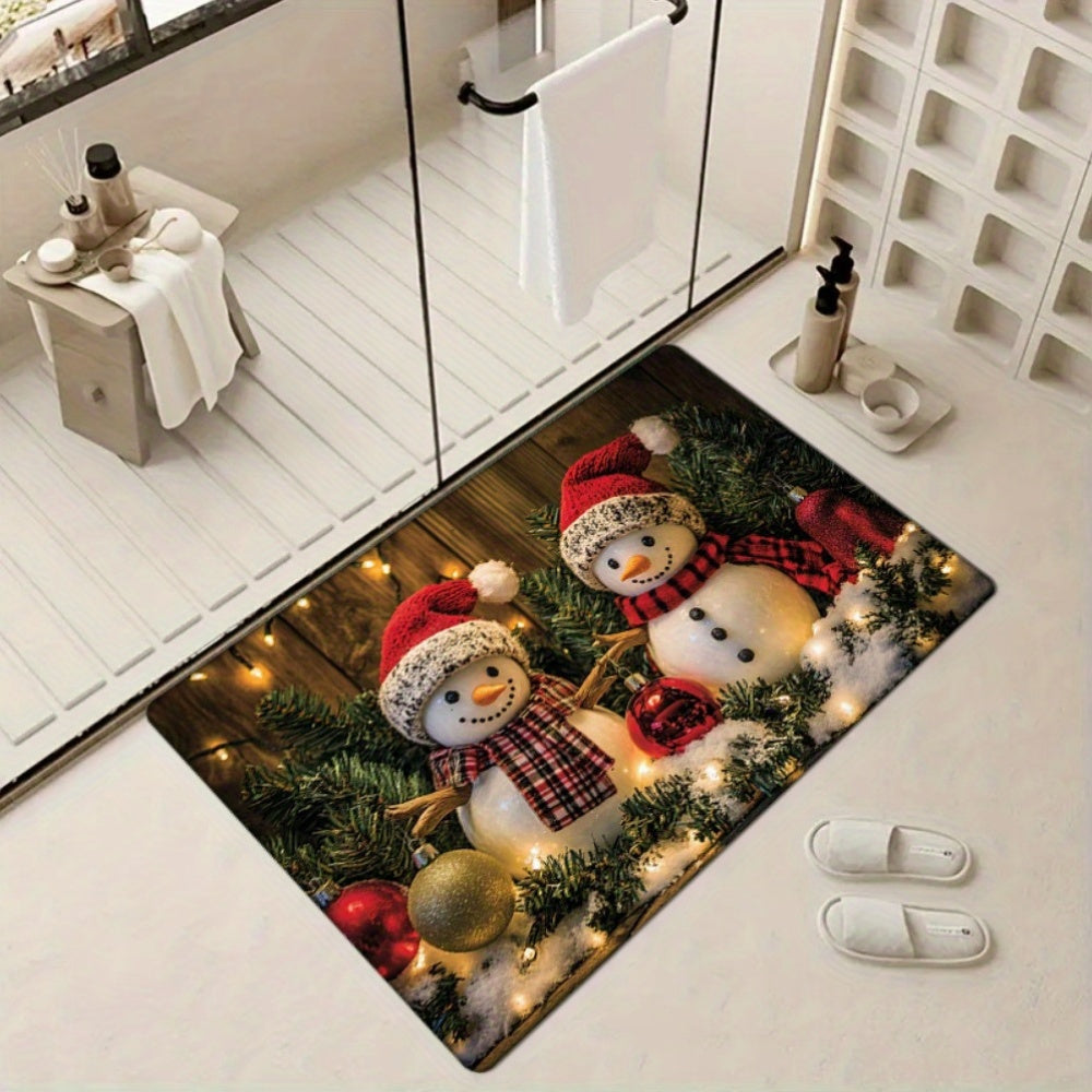 Get into the holiday spirit with the 1pc Christmas Snowman Door Mat. This rectangular polyester welcome rug is perfect for adding festive holiday decor to any room in your home - from the living room to the kitchen, bedroom, bathroom, or laundry. Machine