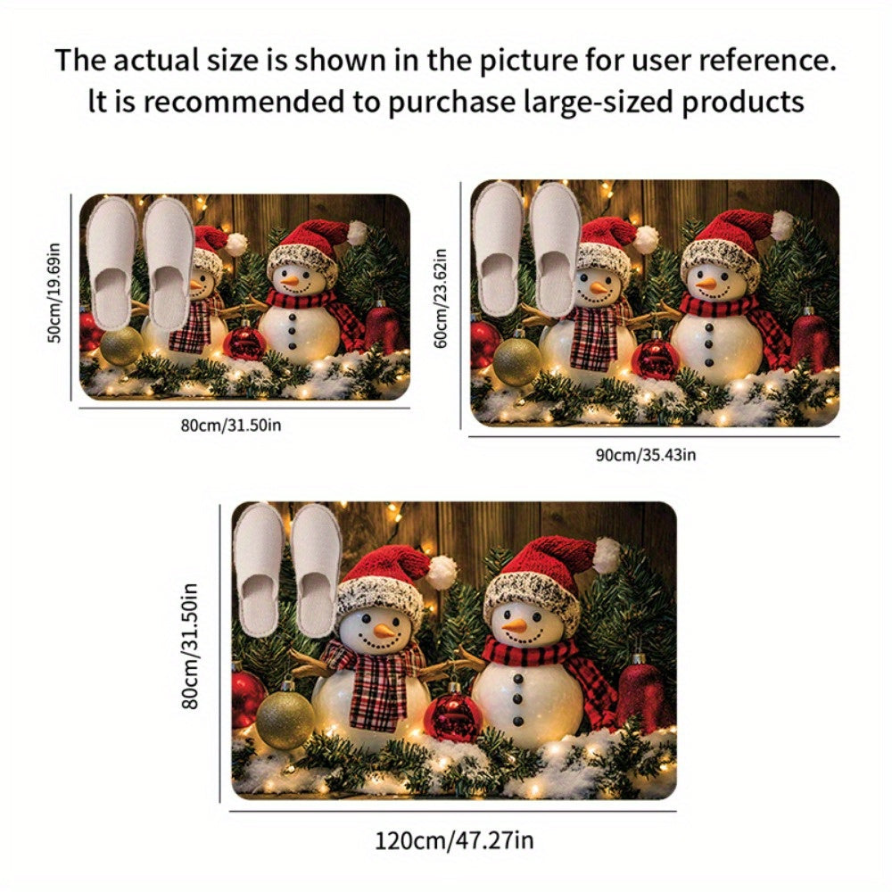 Get into the holiday spirit with the 1pc Christmas Snowman Door Mat. This rectangular polyester welcome rug is perfect for adding festive holiday decor to any room in your home - from the living room to the kitchen, bedroom, bathroom, or laundry. Machine