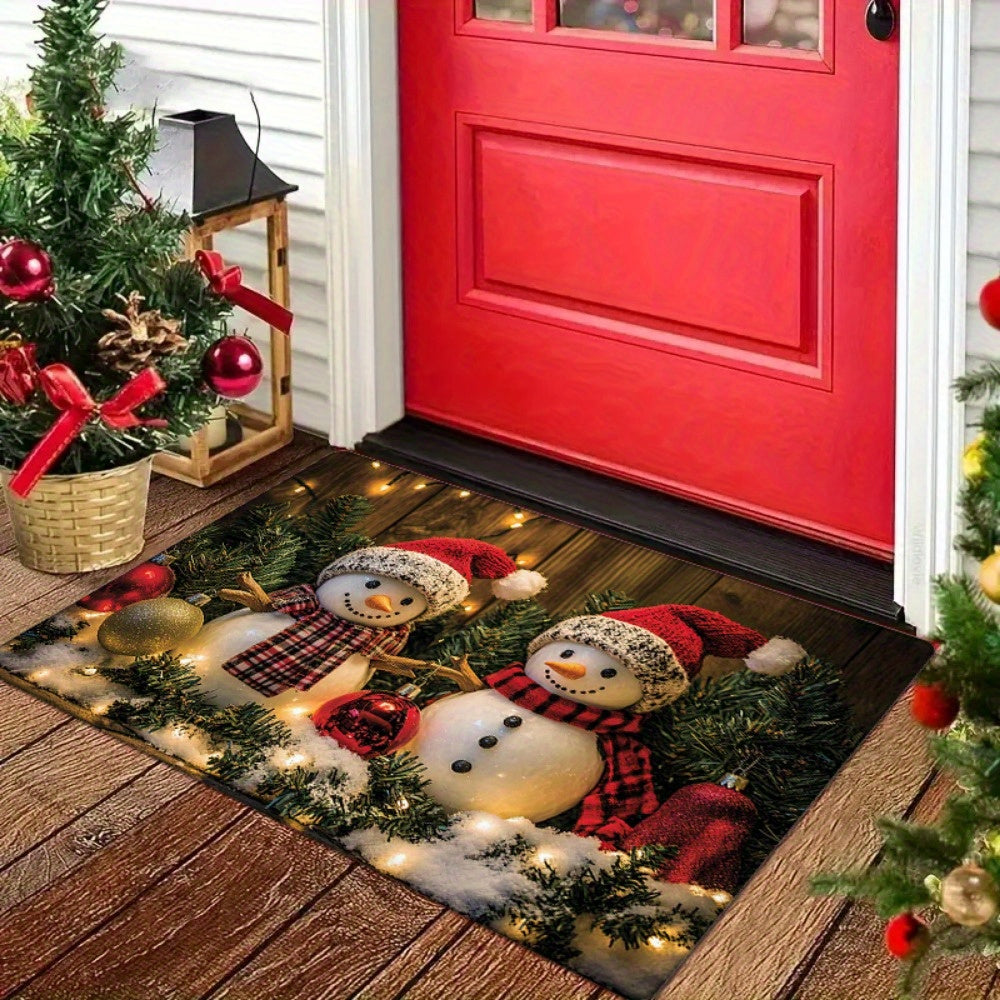 Get into the holiday spirit with the 1pc Christmas Snowman Door Mat. This rectangular polyester welcome rug is perfect for adding festive holiday decor to any room in your home - from the living room to the kitchen, bedroom, bathroom, or laundry. Machine