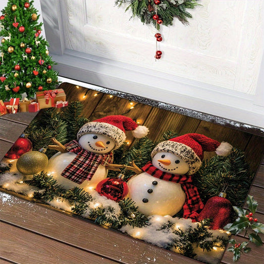 Get into the holiday spirit with the 1pc Christmas Snowman Door Mat. This rectangular polyester welcome rug is perfect for adding festive holiday decor to any room in your home - from the living room to the kitchen, bedroom, bathroom, or laundry. Machine