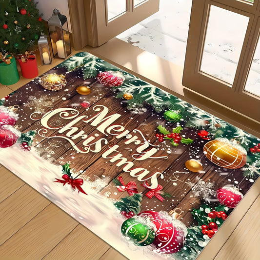 Yilning bayram ruhini ushbu bayramona Rojdestvo eshigi matosi bilan oling - Oson tozalanadigan, mustahkam polyester gilam, "Merry Christmas" dizayni bilan, uyingizdagi har qanday xona uchun mukammal - Rojdestvo va Diwali uchun mavsumiy kayfiyat qo'shadi.