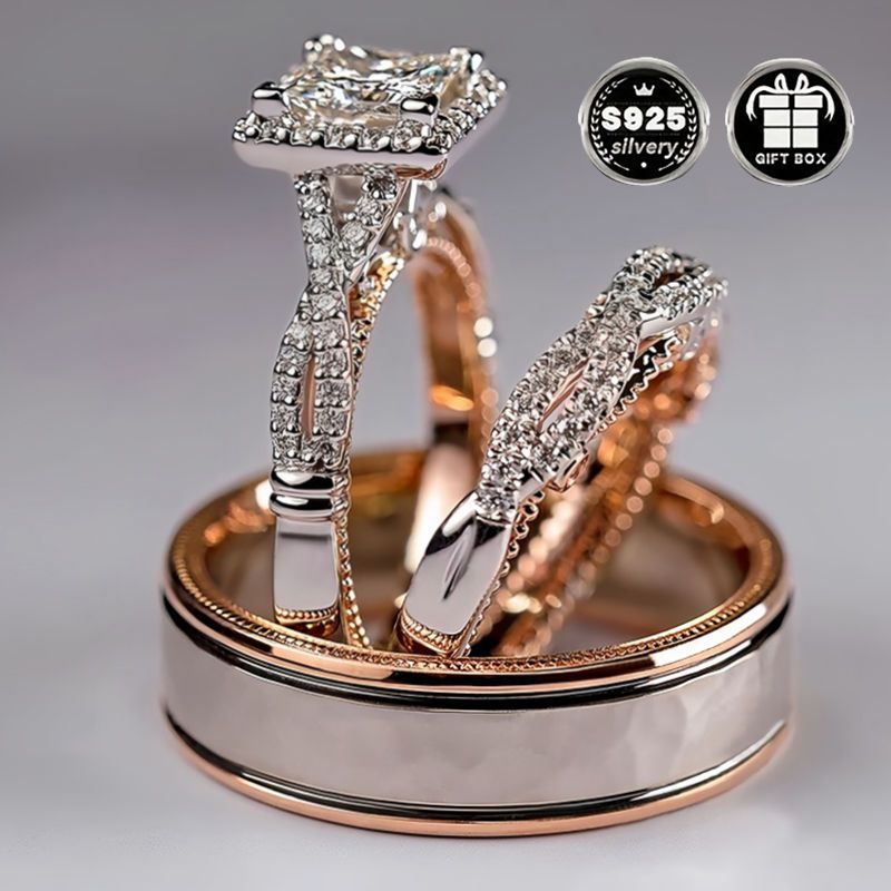 Luxurious 925 Silver Plated Bridal Set: His and Hers Wedding Rings with Princess Cut Cubic Zirconia, 4-Prong Engagement and Eternal Bands. Perfect for Valentine's Day and All-Season Parties, this Party Style Jewelry is a must-have for Women.