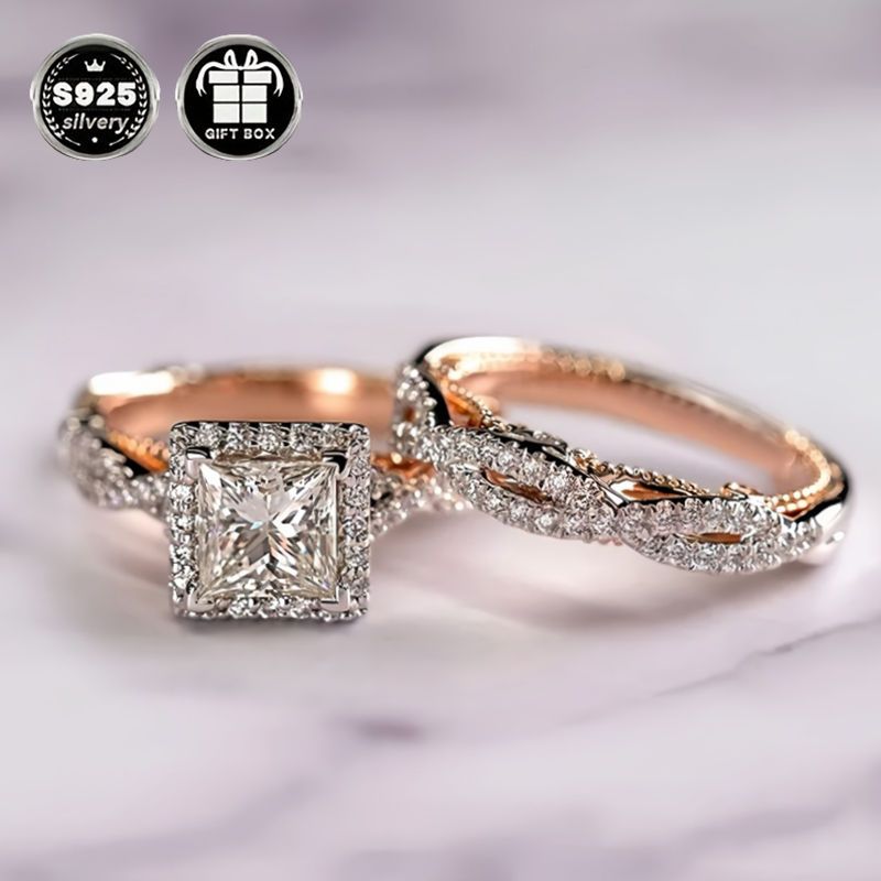 Luxurious 925 Silver Plated Bridal Set: His and Hers Wedding Rings with Princess Cut Cubic Zirconia, 4-Prong Engagement and Eternal Bands. Perfect for Valentine's Day and All-Season Parties, this Party Style Jewelry is a must-have for Women.