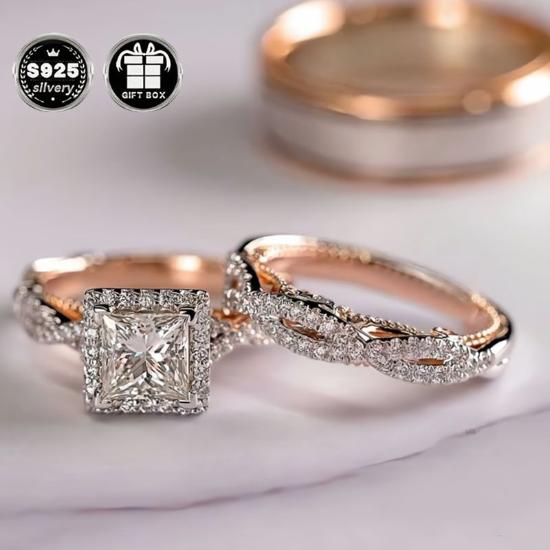 Luxurious 925 Silver Plated Bridal Set: His and Hers Wedding Rings with Princess Cut Cubic Zirconia, 4-Prong Engagement and Eternal Bands. Perfect for Valentine's Day and All-Season Parties, this Party Style Jewelry is a must-have for Women.