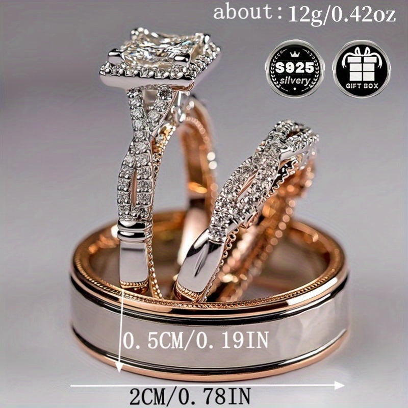 Luxurious 925 Silver Plated Bridal Set: His and Hers Wedding Rings with Princess Cut Cubic Zirconia, 4-Prong Engagement and Eternal Bands. Perfect for Valentine's Day and All-Season Parties, this Party Style Jewelry is a must-have for Women.