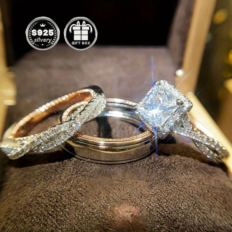 Luxurious 925 Silver Plated Bridal Set: His and Hers Wedding Rings with Princess Cut Cubic Zirconia, 4-Prong Engagement and Eternal Bands. Perfect for Valentine's Day and All-Season Parties, this Party Style Jewelry is a must-have for Women.