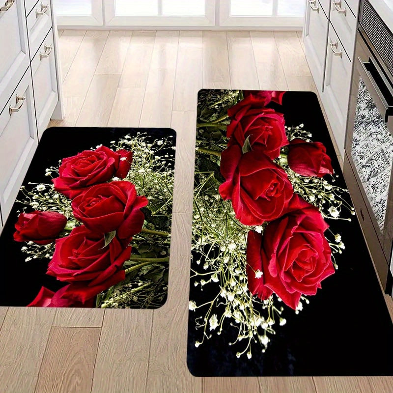 1pc Red Rose Kitchen Mat, 1.1cm thick, non-slip, durable, stain-resistant, polyester, machine washable, for kitchen, living room, porch, balcony, home decor.