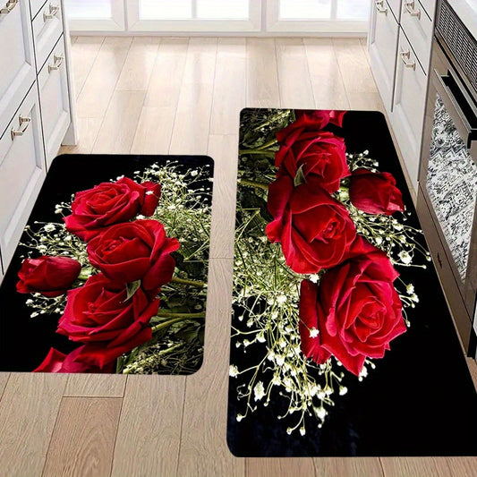 1pc Red Rose Kitchen Mat, 1.1cm thick, non-slip, durable, stain-resistant, polyester, machine washable, for kitchen, living room, porch, balcony, home decor.