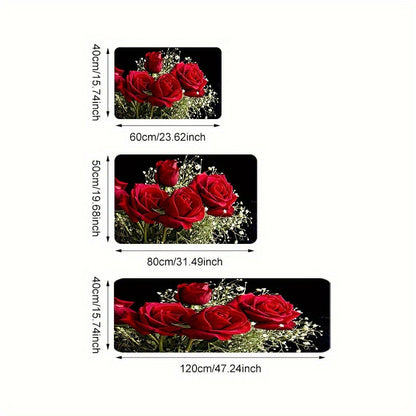 1pc Red Rose Kitchen Mat, 1.1cm thick, non-slip, durable, stain-resistant, polyester, machine washable, for kitchen, living room, porch, balcony, home decor.