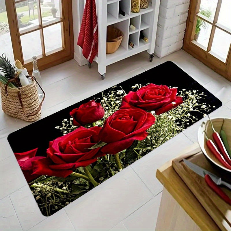 1pc Red Rose Kitchen Mat, 1.1cm thick, non-slip, durable, stain-resistant, polyester, machine washable, for kitchen, living room, porch, balcony, home decor.