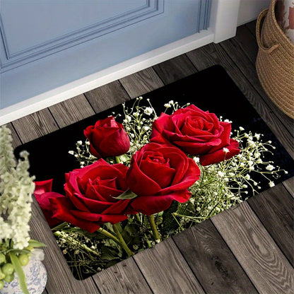 1pc Red Rose Kitchen Mat, 1.1cm thick, non-slip, durable, stain-resistant, polyester, machine washable, for kitchen, living room, porch, balcony, home decor.