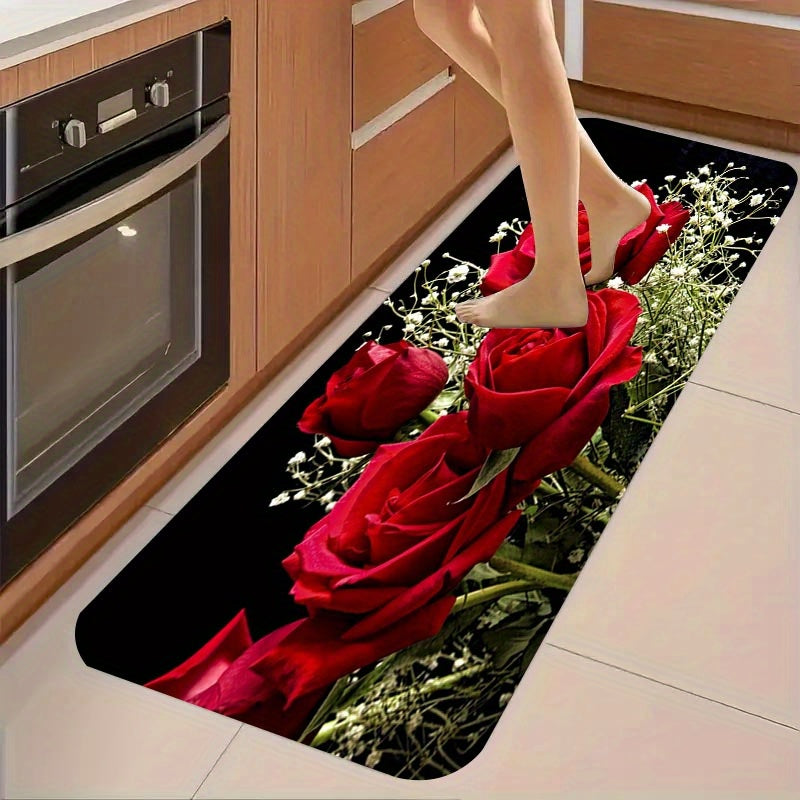 1pc Red Rose Kitchen Mat, 1.1cm thick, non-slip, durable, stain-resistant, polyester, machine washable, for kitchen, living room, porch, balcony, home decor.