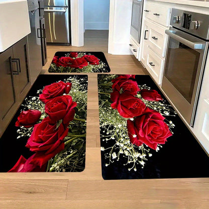 1pc Red Rose Kitchen Mat, 1.1cm thick, non-slip, durable, stain-resistant, polyester, machine washable, for kitchen, living room, porch, balcony, home decor.