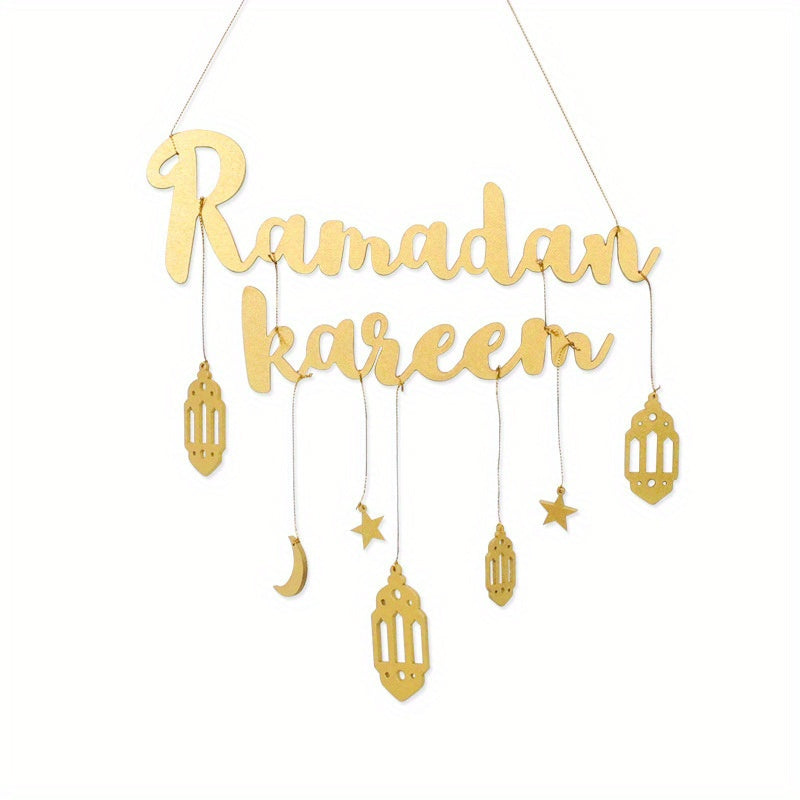 Ramadan Kareem Hanging Wooden Sign with Moon, Star, and Lantern Pendants for Eid Celebrations, no electricity needed.