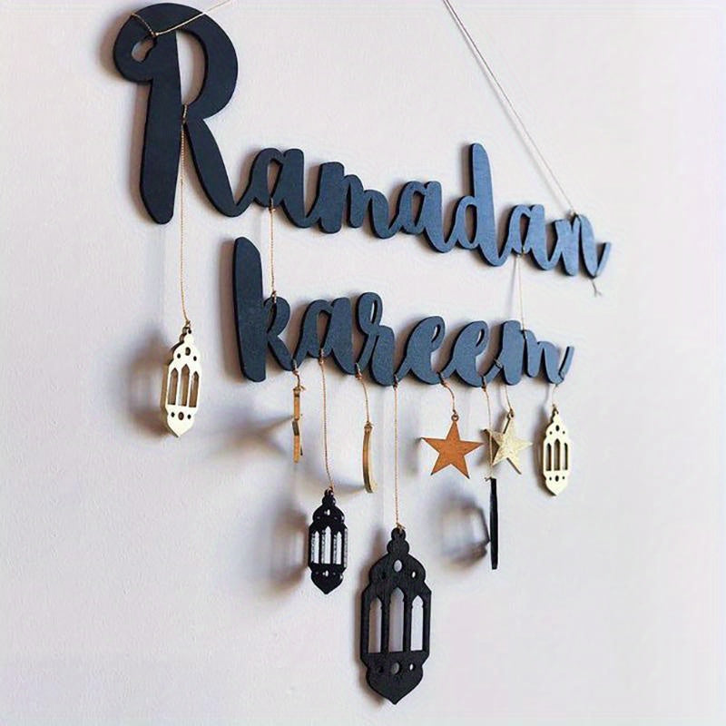 Ramadan Kareem Hanging Wooden Sign with Moon, Star, and Lantern Pendants for Eid Celebrations, no electricity needed.