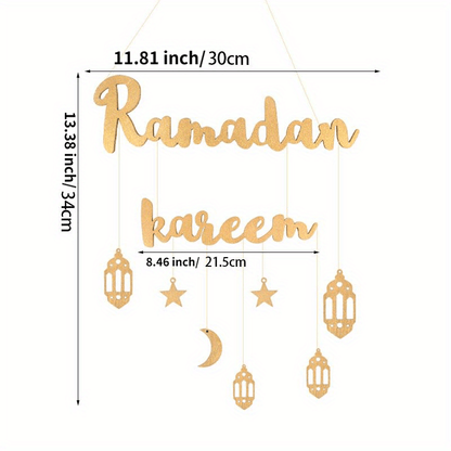 Ramadan Kareem Hanging Wooden Sign with Moon, Star, and Lantern Pendants for Eid Celebrations, no electricity needed.