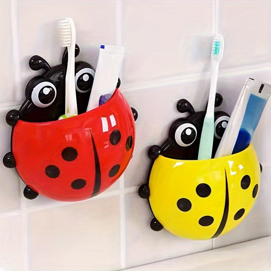 Wall-mounted ladybug toothbrush holder with suction cup, no electricity needed; bathroom organizer for toothpaste and toothbrushes; home decor accessory.