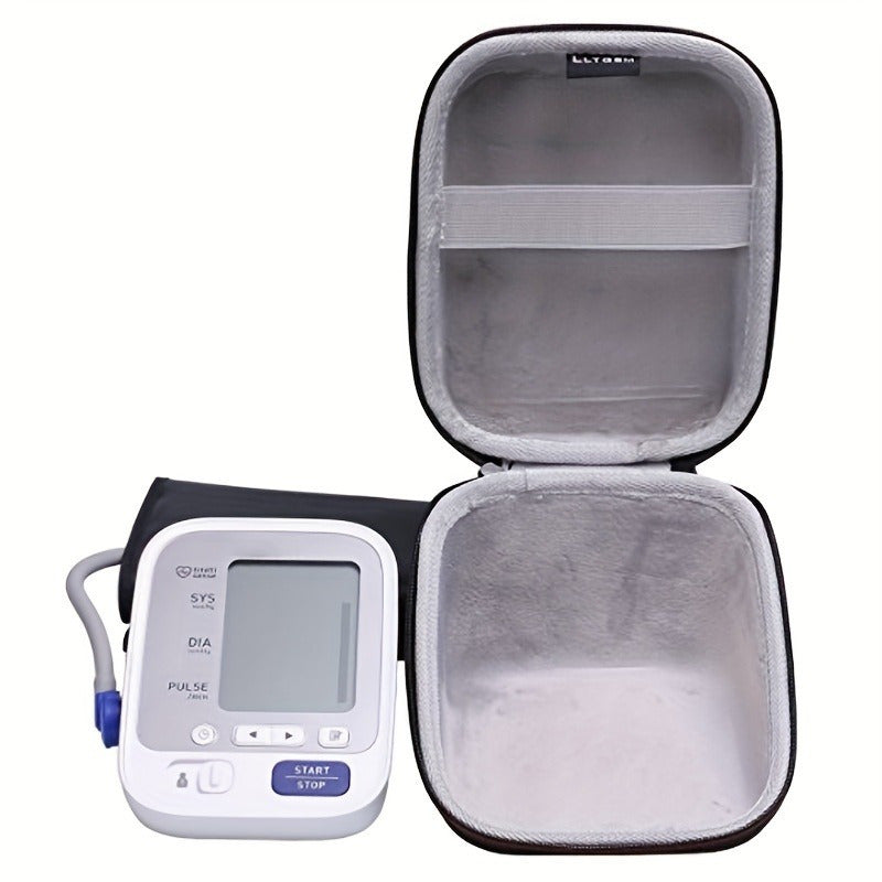 Hard shell case for digital blood pressure monitor with durable exterior, cushioned interior, elastic strap, and easy zipper opening. Ideal for home use.