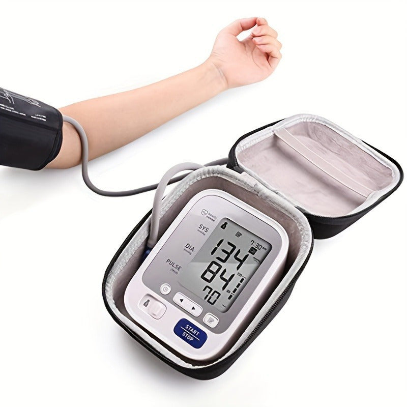 Hard shell case for digital blood pressure monitor with durable exterior, cushioned interior, elastic strap, and easy zipper opening. Ideal for home use.