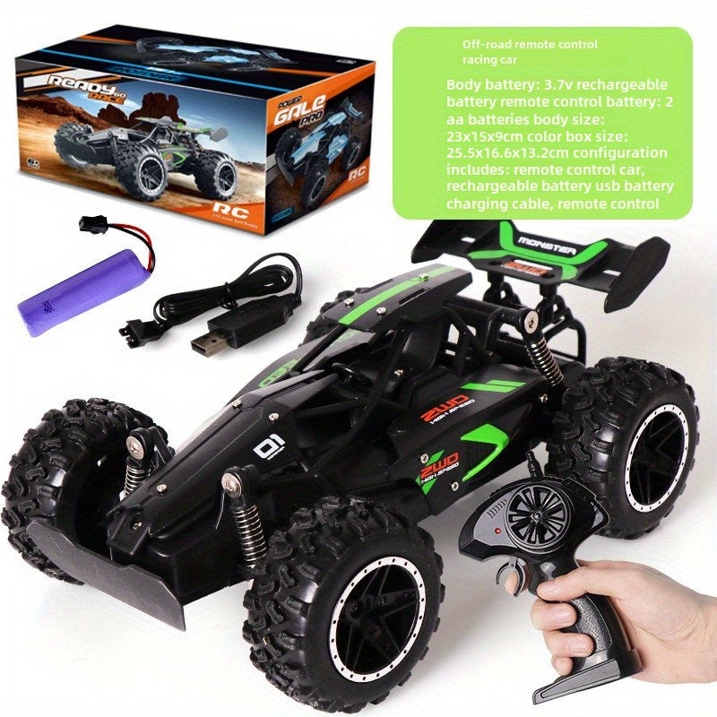 Fast 2.4G remote control off-road car for kids - rechargeable, durable plastic, in green/blue for winter.