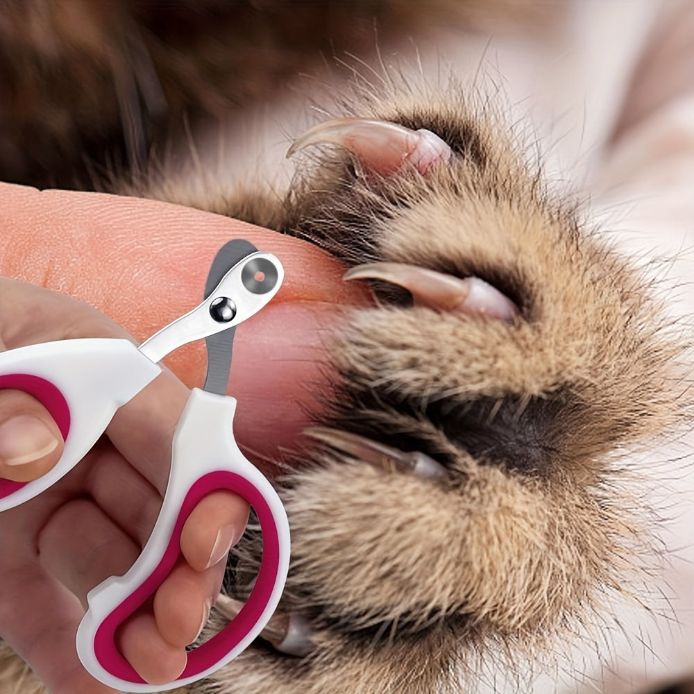 Pet nail grooming set with stainless steel clipper and grinder, includes safety guard for dogs and cats.