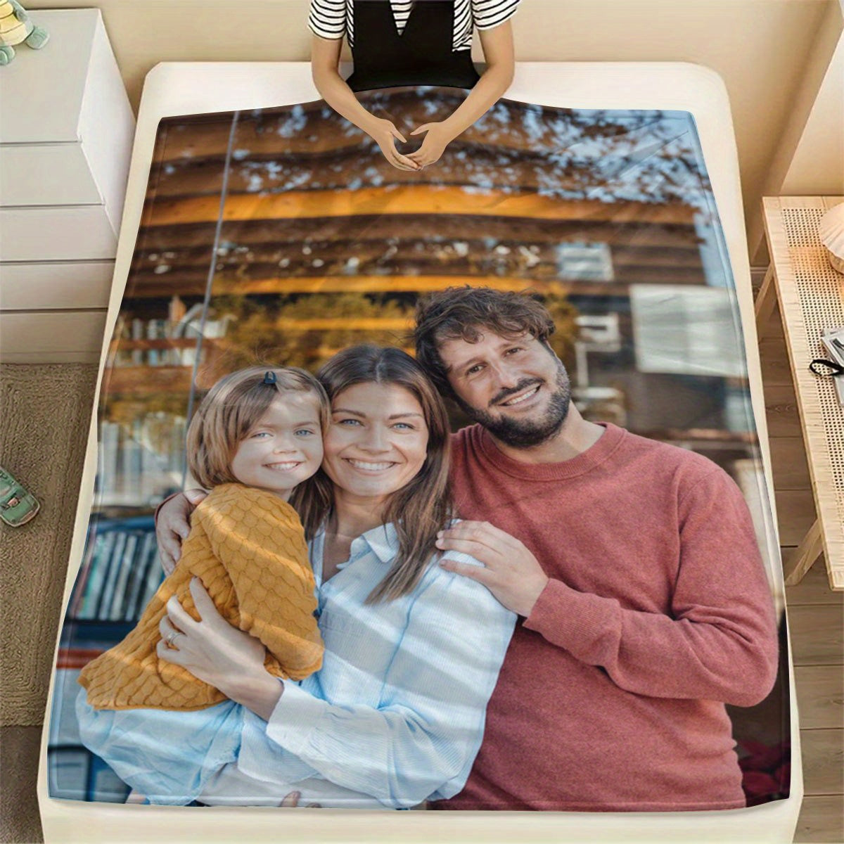 Upgrade your decor with our Custom Photo Flannel Blanket by SRH. This soft and cozy blanket is perfect for all seasons, made with 200-250g polyester for ultimate warmth. Featuring a digital print in contemporary style, this blanket is versatile for use